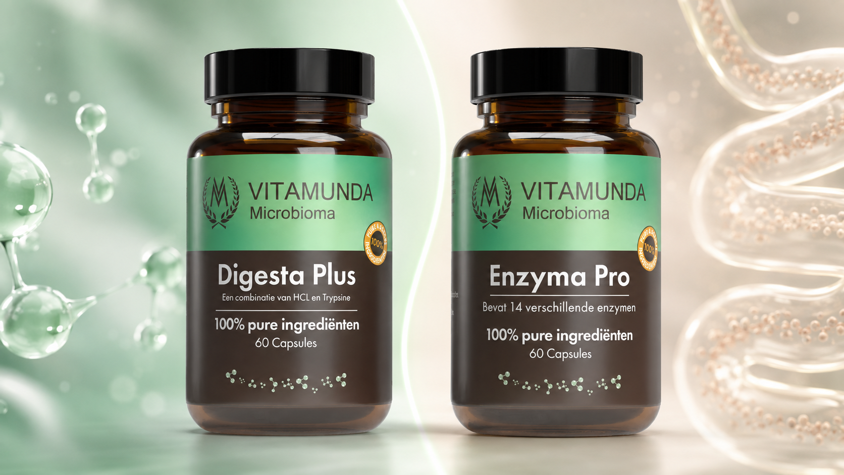 Enzymen of Betaine HCL capsules van Vitamunda naast elkaar